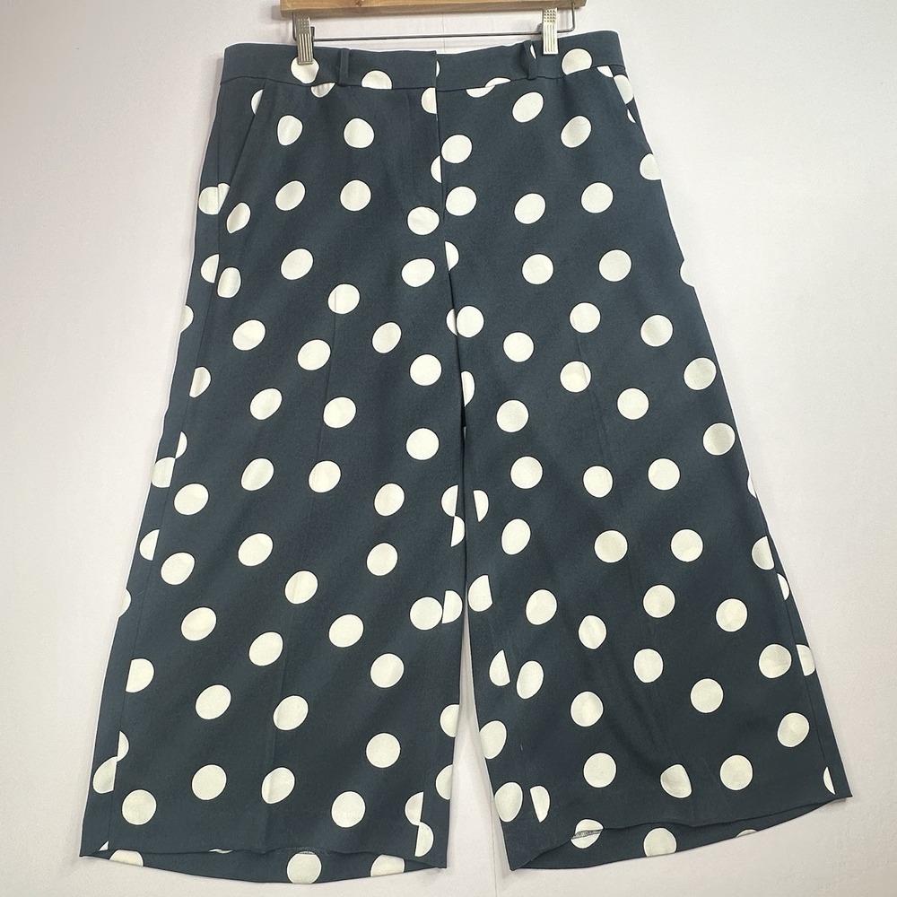 LOFT Navy White Polka Dot Wide Leg Crop Pants Womens Size 12 High Rise Pockets